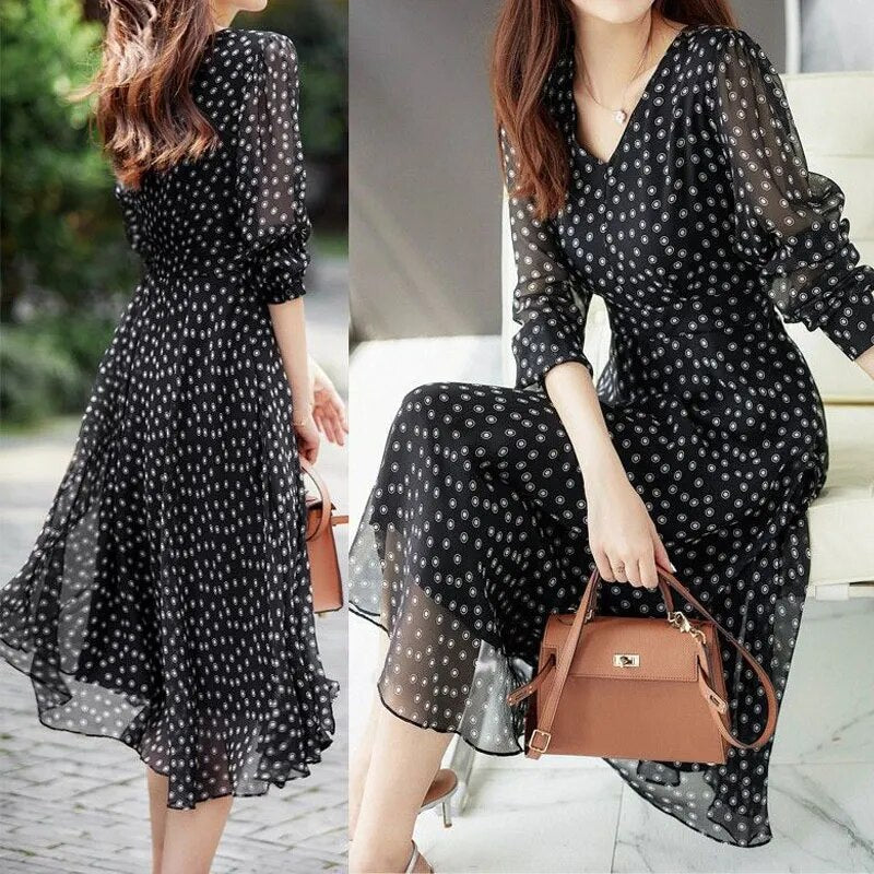 Polka Dot Print Chiffon Elegant Dresses for Women 2023 Summer New Vintage Fashion V-Neck Half Sleeve Casual Ladies Midi Dress - KAISERINC