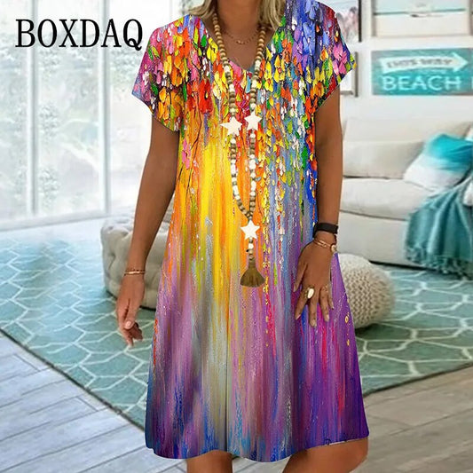 Tie Tye Colorful Gradient Floral Print Dresses For Summer Women Short Sleeve Loose Dress Casual V-Neck Ladies Oversized Clothing - KAISERINC