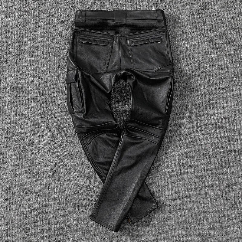 quality 2023 new high luxury brand real mens genuine leaher cargo pants.black Pro biker cow leather long pants.Protective gear t