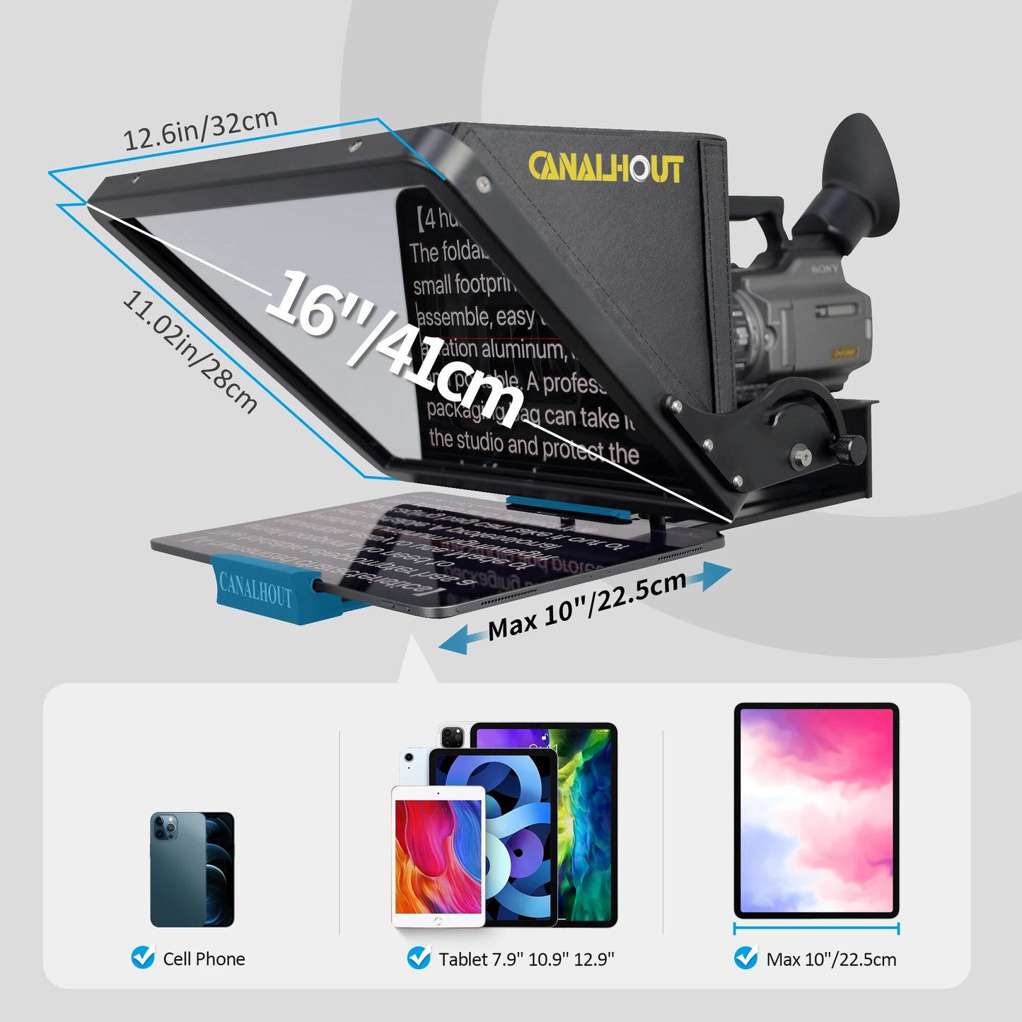 CANALHOUT 16" Universal Liftable Teleprompter for All Tablets/iPad,Video Camera/DSLR , 70/30 Beam Splitting Glass with Tote