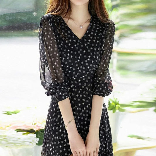 Polka Dot Print Chiffon Elegant Dresses for Women 2023 Summer New Vintage Fashion V-Neck Half Sleeve Casual Ladies Midi Dress - KAISERINC