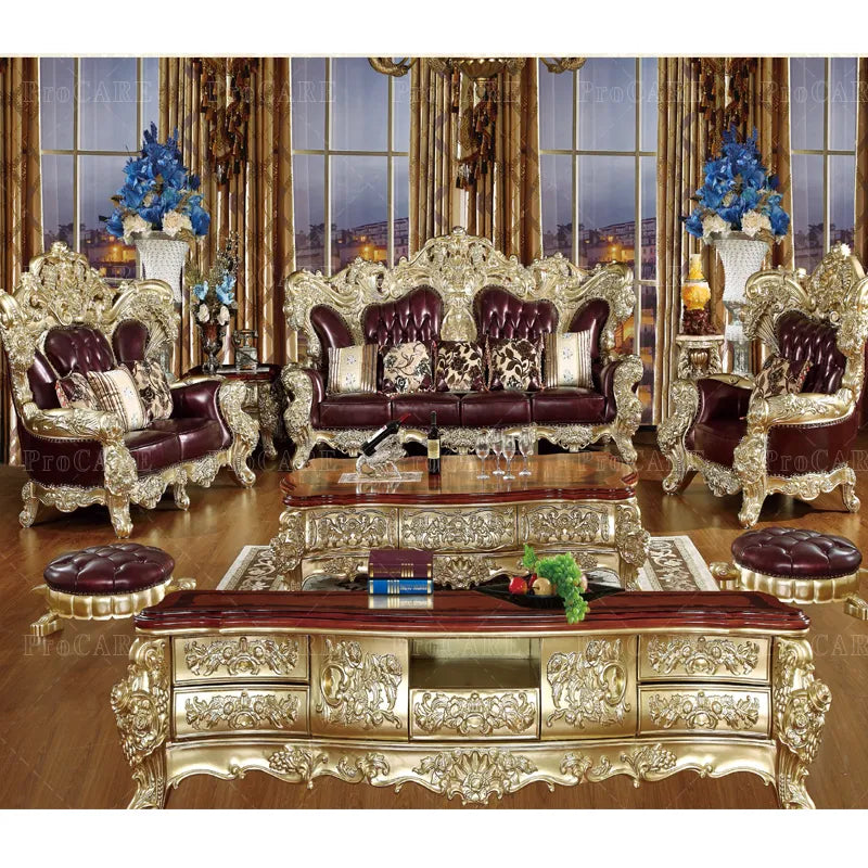 ProCARE European sofa American villa living room genuine leather solid wood carving living room sofa sets