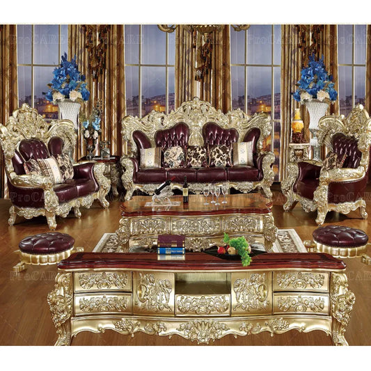 ProCARE European sofa American villa living room genuine leather solid wood carving living room sofa sets