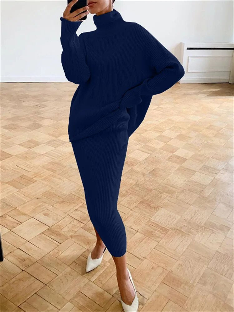 TARUXY Ribbed Knit 2 Piece Dress Set Outfits Ladies  Knitwear Top And Midi Skirt Sets For Women Casual Winter Sweater Sets 2023 - KAISERINC