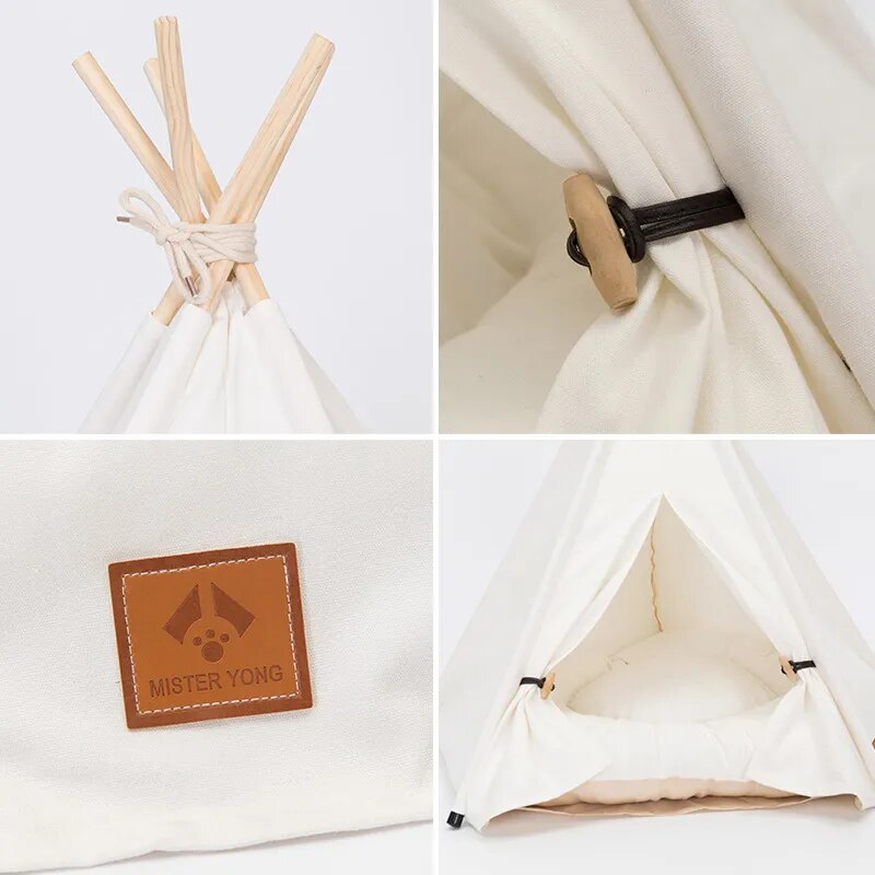 Pet Cat Dog Teepee with Cushion & Blackboard, Portable Dog Tents & Pet Houses, Wood Canvas Tipi Fold Pet Tent Small Animals Bed