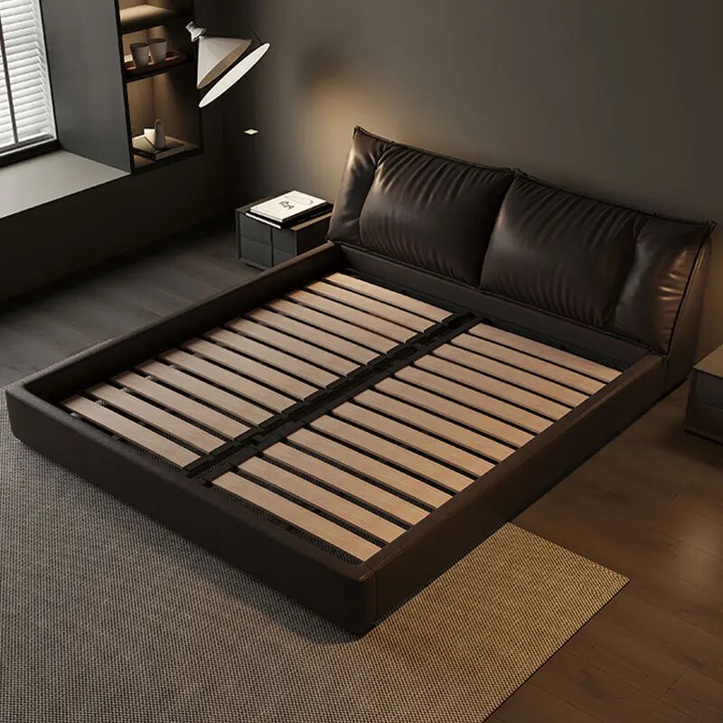 Italian Minimalist Leather Headboard Layer Cofskin Tatami Bed Master Bedroom Down Soft