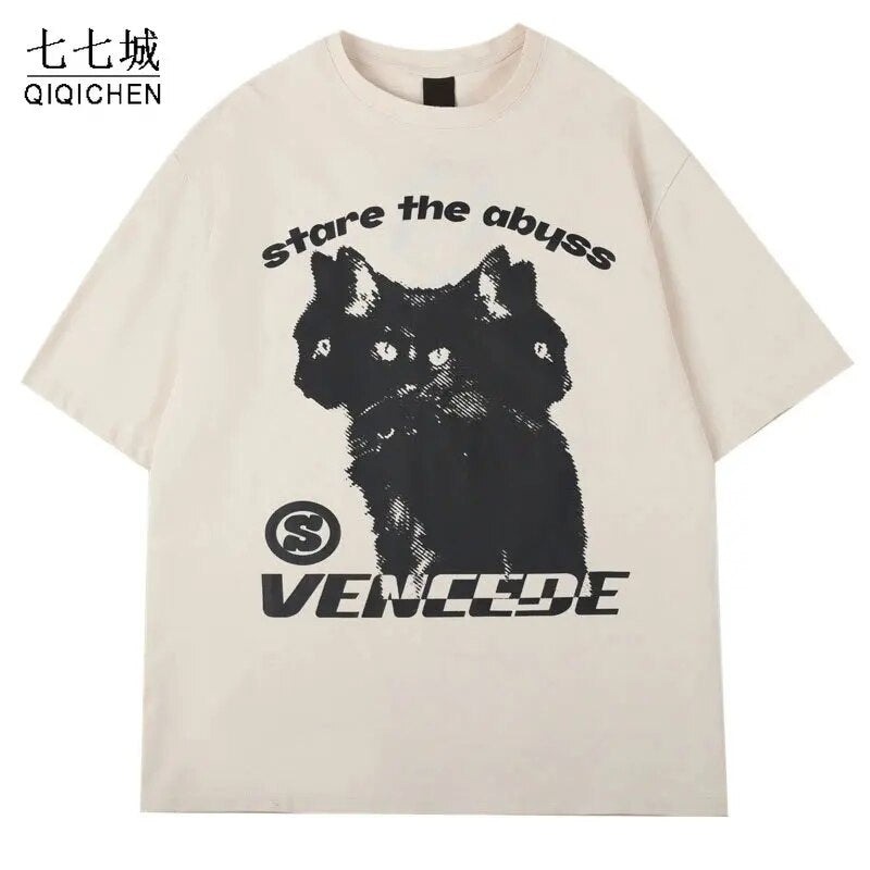 Men Hip Hop T-Shirt Y2K Streetwear Cat Print Punk Gothic Tshirt Harajuku Casual Loose Cotton Tee Shirts Summer Short Sleeve Tops