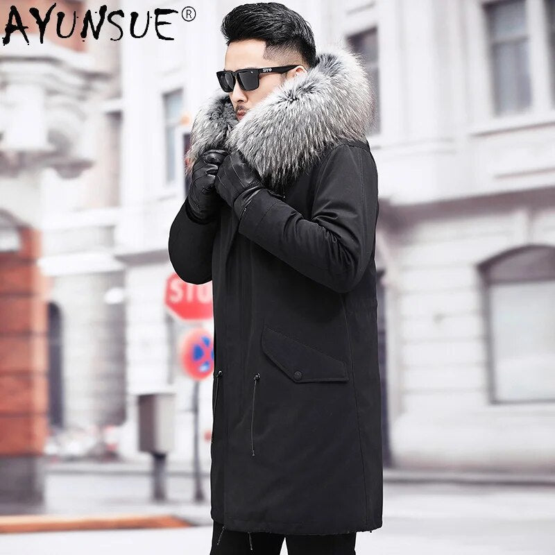 Men's Clothing 2020 Winter Jacket Men Real Rex Rabbit Fur Jackets 100% Raccoon Collar Parka Erkekler Ceket LXR828