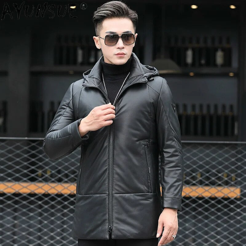 Genuine Leather Down Jacket Men's Clothing Hooded Clothes Sheepskin Warm Coat Male 2024 Winter Parkas Ropa Hombre LXR539