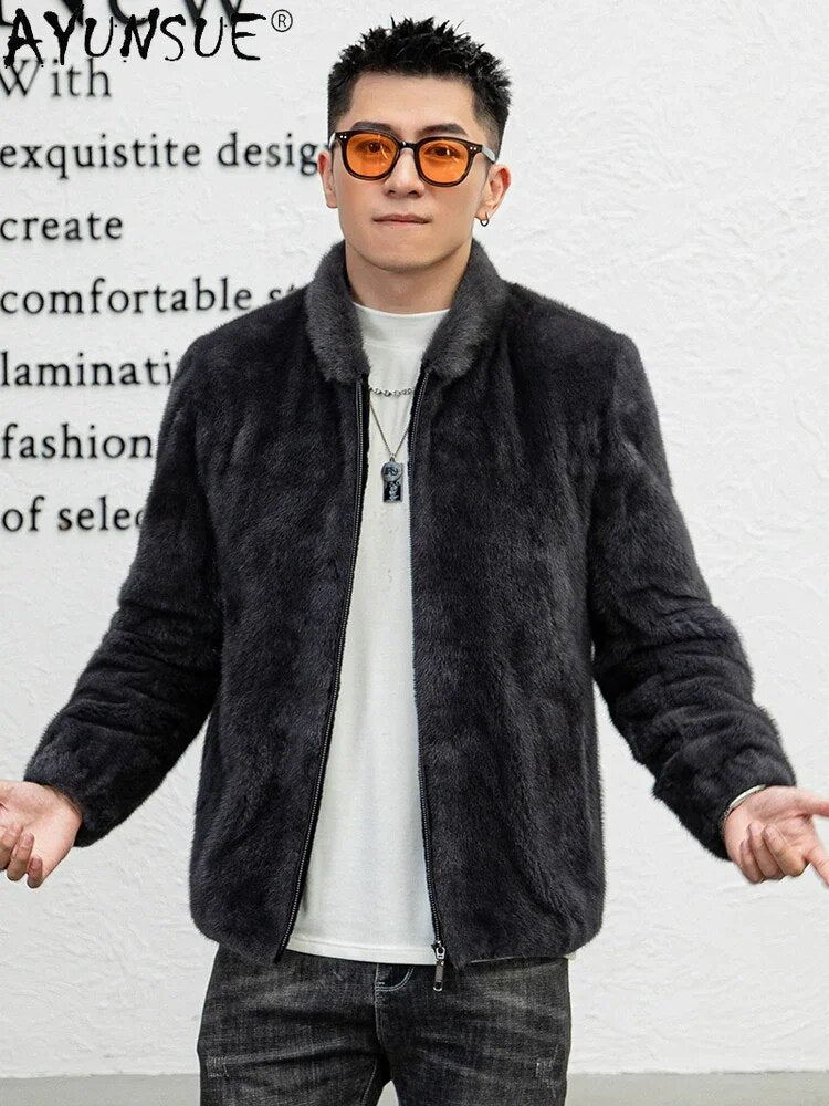 AYUNSUE Natural Mink Real Fur Coat Luxury Winter Jackets for Men 2023 Solid Color Mink Fur Jacket Baseball Collar Abrigo Hombre