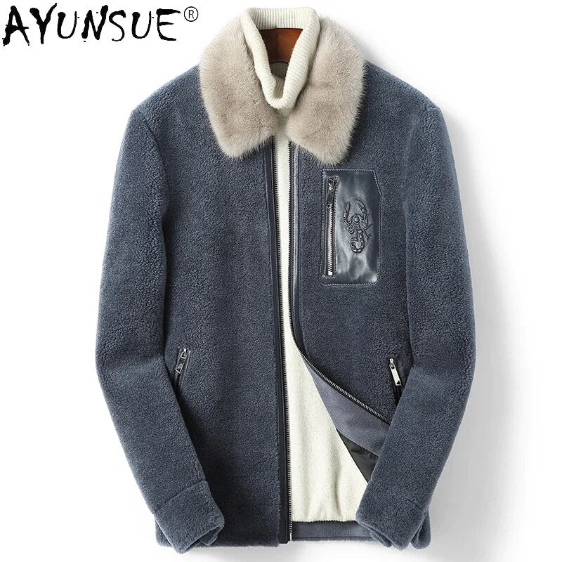 Men's Clothing Winter Jacket Men Fur Coat Real Sheep Shearing Jackets 100% Mink Collar Parkas Erkekler Ceket LXR559