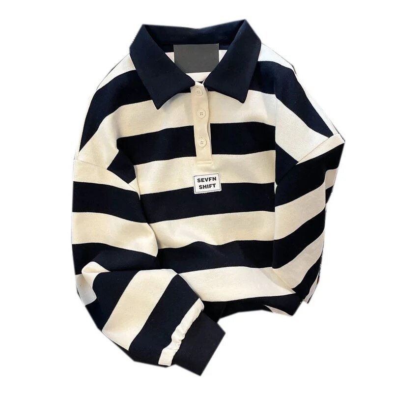 Men's Retro Black White Striped Polo Shirt Sweater Women's Autumn Loose Long-sleeved Turndown Collar Buttons Letter Tops Tees