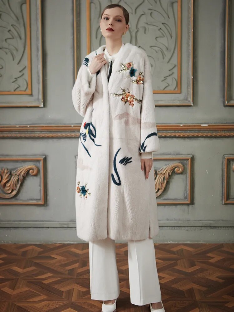 Women's Fur Coat 2223 Trend Natural Fur Long Mink White Floral Outerwear Jackets Trench Coats New In Outdoor Clothes Clothing