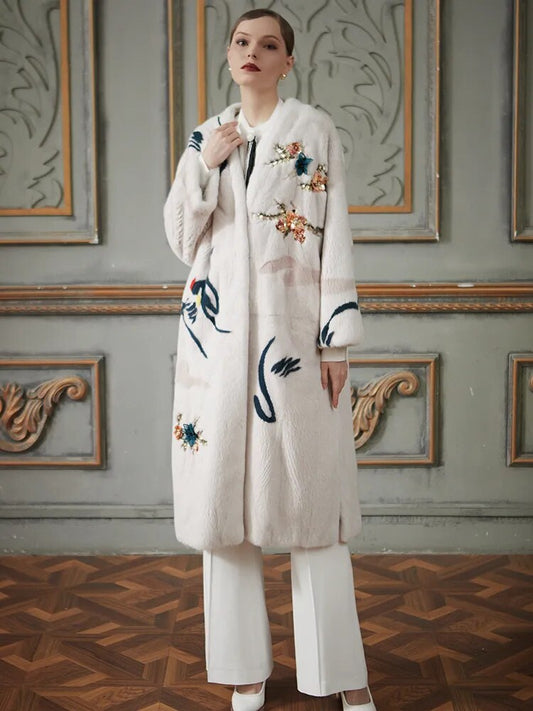 Women's Fur Coat 2223 Trend Natural Fur Long Mink White Floral Outerwear Jackets Trench Coats New In Outdoor Clothes Clothing