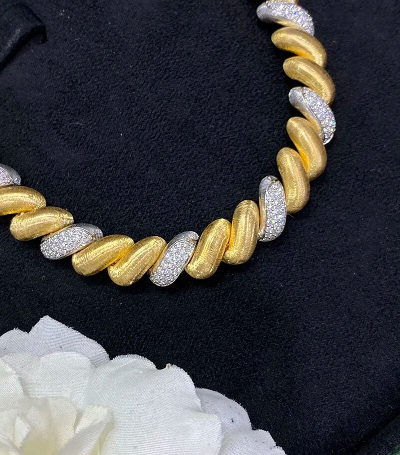 LUOWEND 18K White and Yellow Gold 63.9gram Necklace Luxury Cotton Candy Design Real Natural Diamond Chain for Women Party Fine
