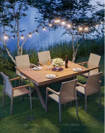 Outdoor plastic wooden tables and chairs, waterproof courtyard, leisure combination, simple outdoor terrace, long table garden