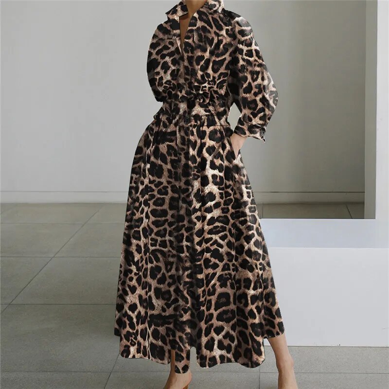 5XL Elegant Women Spring Autumn Sundress Fashion Lapel Neck Long Sleeve Solid  Long Shirt Dress OL Vestidos Robe Femme