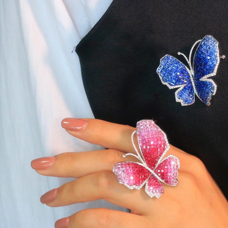 Aazuo 100% 18K Solid White Gold Natrual Ruby Real Diamonds Butterfly Ring Gifted For Woman Wedding Day Deluxe Banquet Party