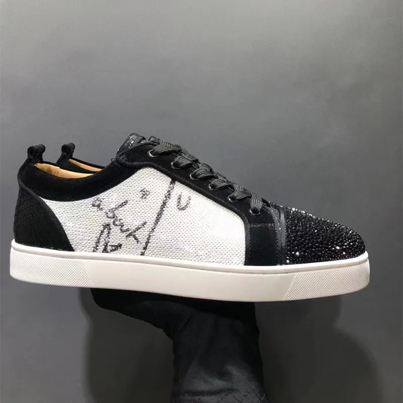 Fashion leather low top men's shoes Flat casual board shoes Rhinestone women's shoes Couples' red soled shoes