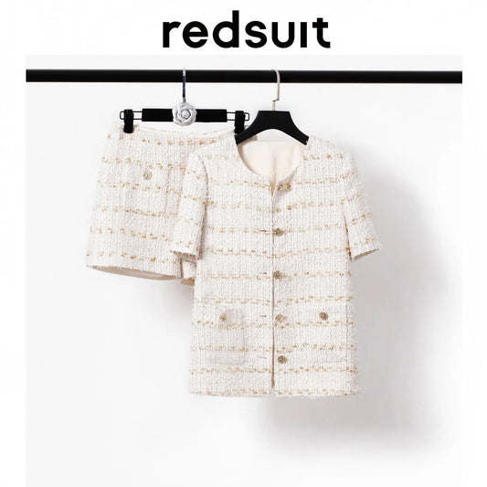 Redsuit New Design Versatile Gold Thread Tweed Short Sleeve Fragrant Coat Shorts Thin Set Summer
