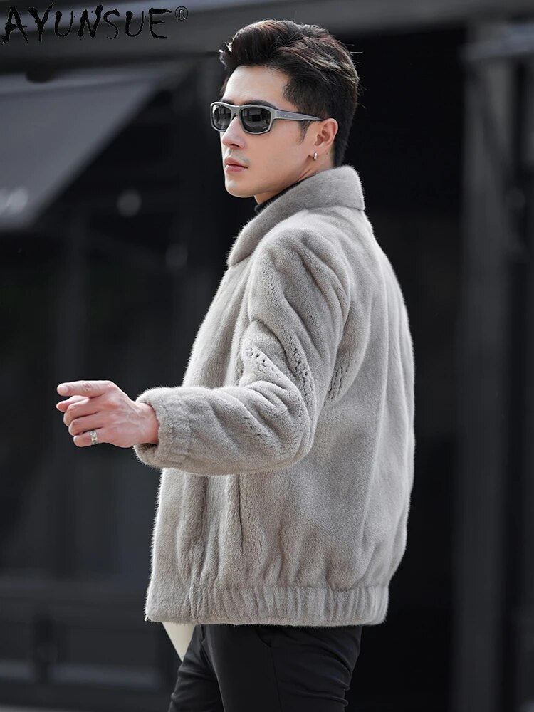 AYUNSUE Real Fur Coat Mink Jackets for Men Luxury Winter Natural Mink Fur Jacket Baseball Collar Fur Coats Jaqueta Masculino