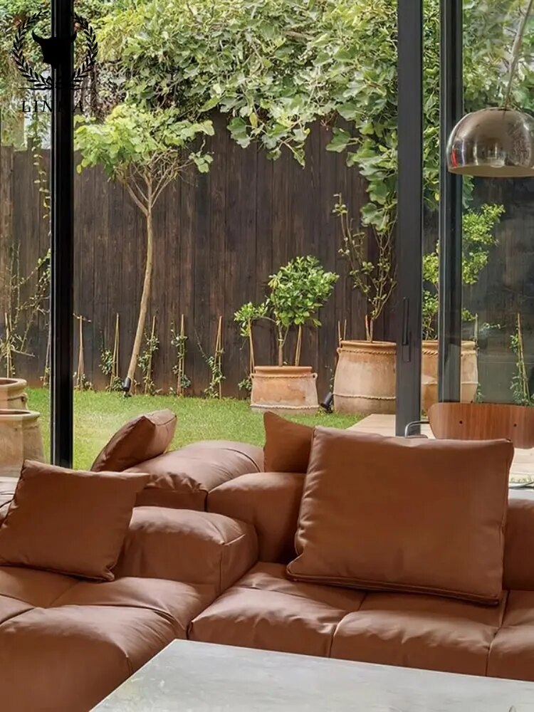 Italian Modern Minimalist Style Leather Thick Cushion Unit Living Room Sofa Combination Amber