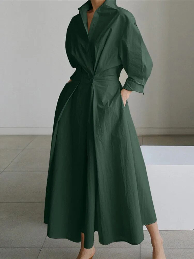 5XL Elegant Women Spring Autumn Sundress Fashion Lapel Neck Long Sleeve Solid  Long Shirt Dress OL Vestidos Robe Femme - KAISERINC