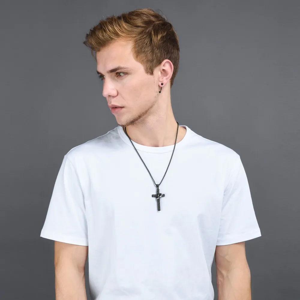 U7 Stainless Steel Christian Bible Engraved Cross Necklace Blue Black 18k Gold Color Round Ring Cross Unisex Religious Jewelry