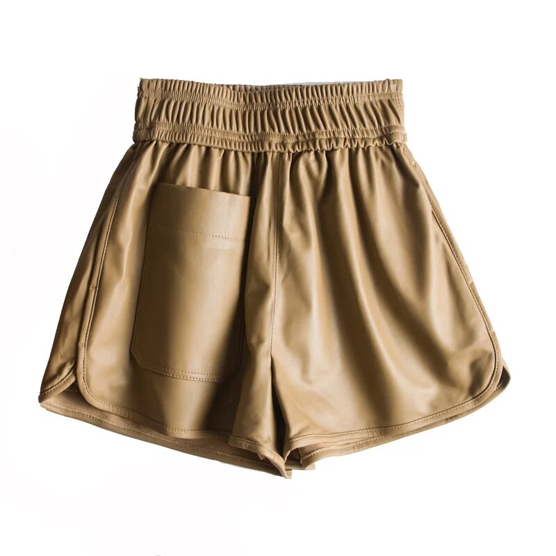 Spring Real Women's Leather Shorts Wide-leg Leather Pants High Waist Outer Wear Large Pocket All-match Sheepskin Shorts