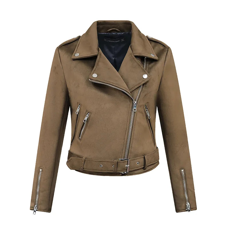 2023 Women Autumn Winter Thick Fake Suede Faux Leather Jackets Sashes Lady Matte Motorcycle Coats Biker Zipper Pocket Streetwear - KAISERINC
