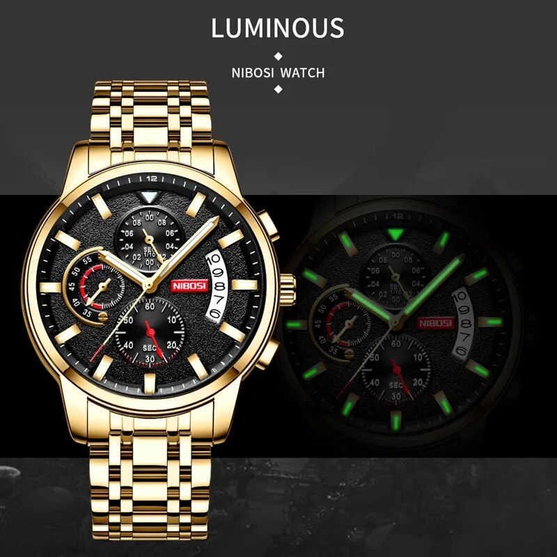 NIBOSI Top Brand Quartz Watch Men Sports Watches Steel Military Calendar Clock Waterproof Gold 2023 Wristwatch Relogio Masculino