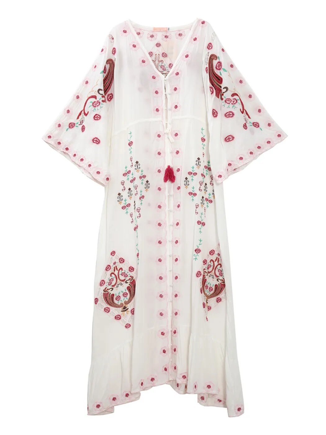 Jastie Floral Embroidered Boho Dress V-Neck Batwing Sleeve Women Dresses Loose Long Maxi Dress Summer Dresses Vestidos