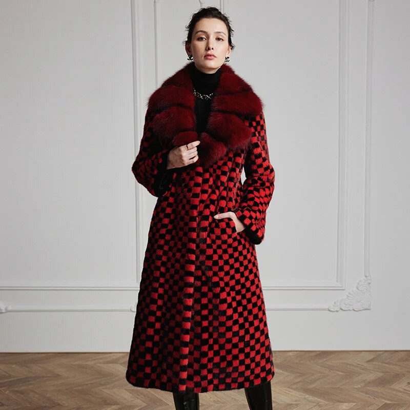 Women's Fur Coat 2223 Trend Natural Fur Long Mink Red Grid Fashion Outerwear Jackets Trench Coats New Outdoor Clothes Clothing