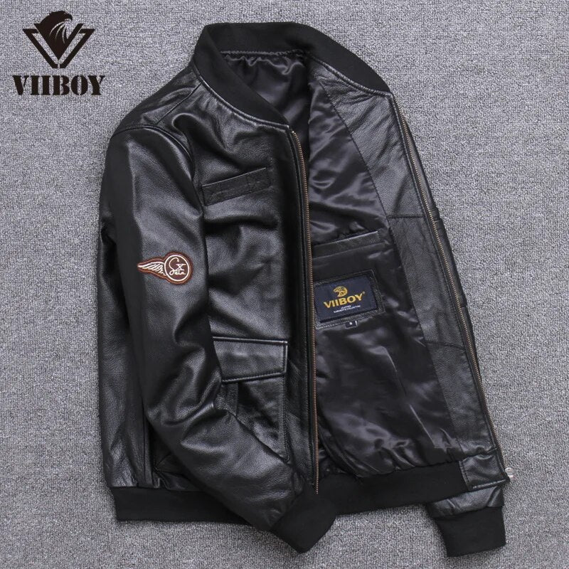 Cowhide Genuine Leather Jacket Men Bomber Jacket Coat New Autumn Casual Motorcycle Trend Stand Collar Baseball Uniform Coat Men