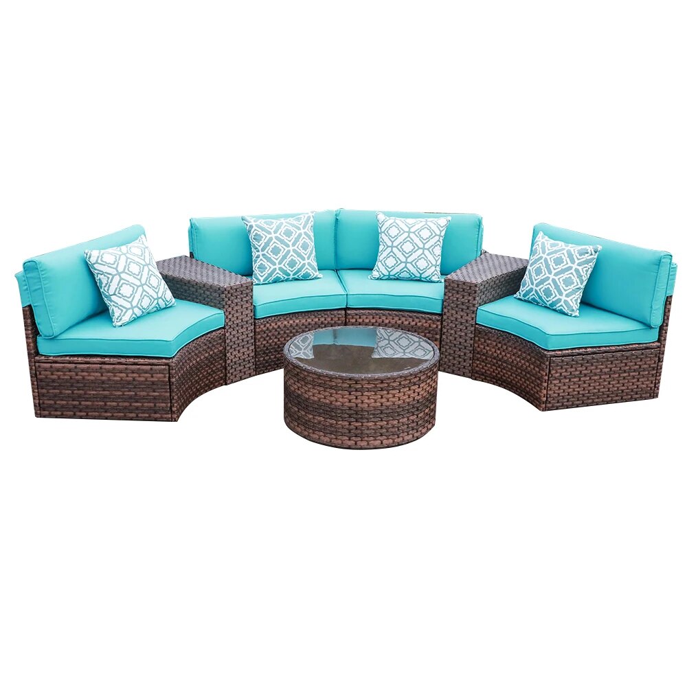 JARDINA 7PCS Outdoor Patio Furniture Half-Moon Brown Rattan Sofa Set with Coffee Table Cushions Pillows