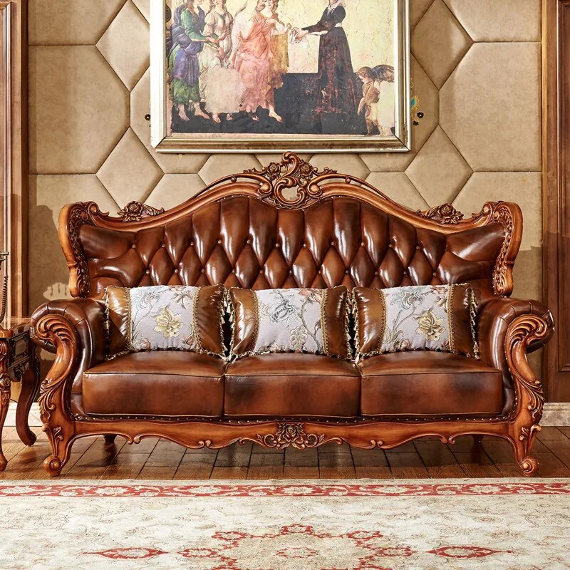 Antique Color Solid Wood Carving European-style Leather Sofa First Layer Cowhide, Villa Size and Living Room Combination