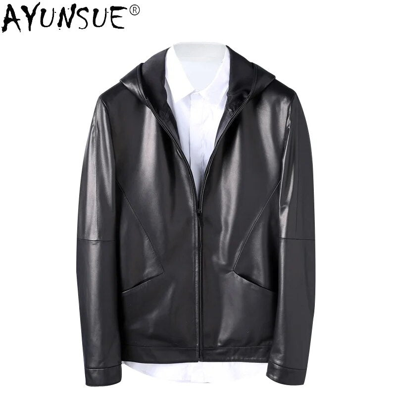 2024 New Men Clothing Sheepskin Genuine Leather Jacket Men's Clothes Hooded Jackets Autumn Male Coat Ropa Hombre LXR475