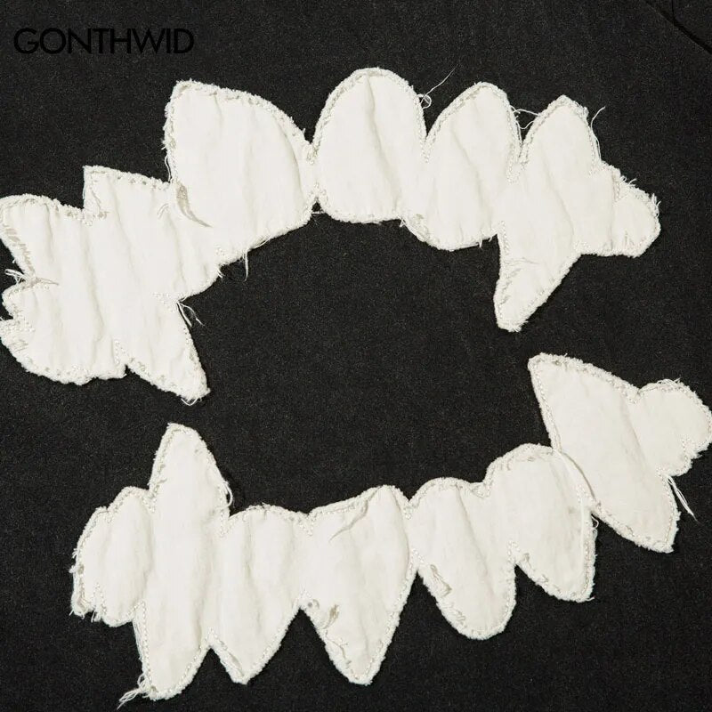 Vintage Men T Shirt Hip Hop Embroidery Teeth Patch Washed Tshirt Punk Gothic Oversized Tee Shirts 2023 Harajuku Cotton Loose Top