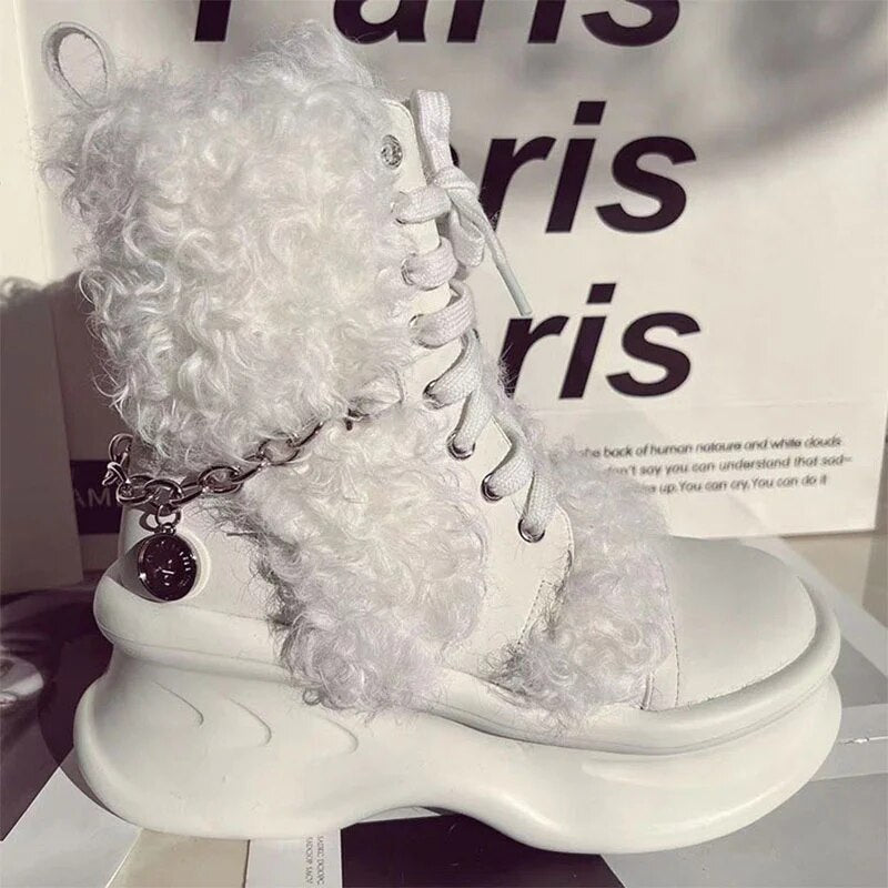 European Station Women's Fashion Platform Ankle Boots Luxury Wool Trend Snowshoes Fine Chain Casual Solid Color Fur Sneakers