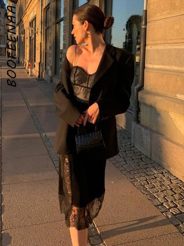BOOFEENAA Sexy Black Lace Dress Date Night Outfits for Women Spaghetti Strap Backless Split Midi Dress French Style C66-CC17