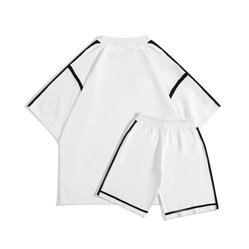 Spliced Knit 2pcs Set Summer American Breathable Ice silk Grunge Cool sports tracksuits unisex joggers T-shirt Shorts