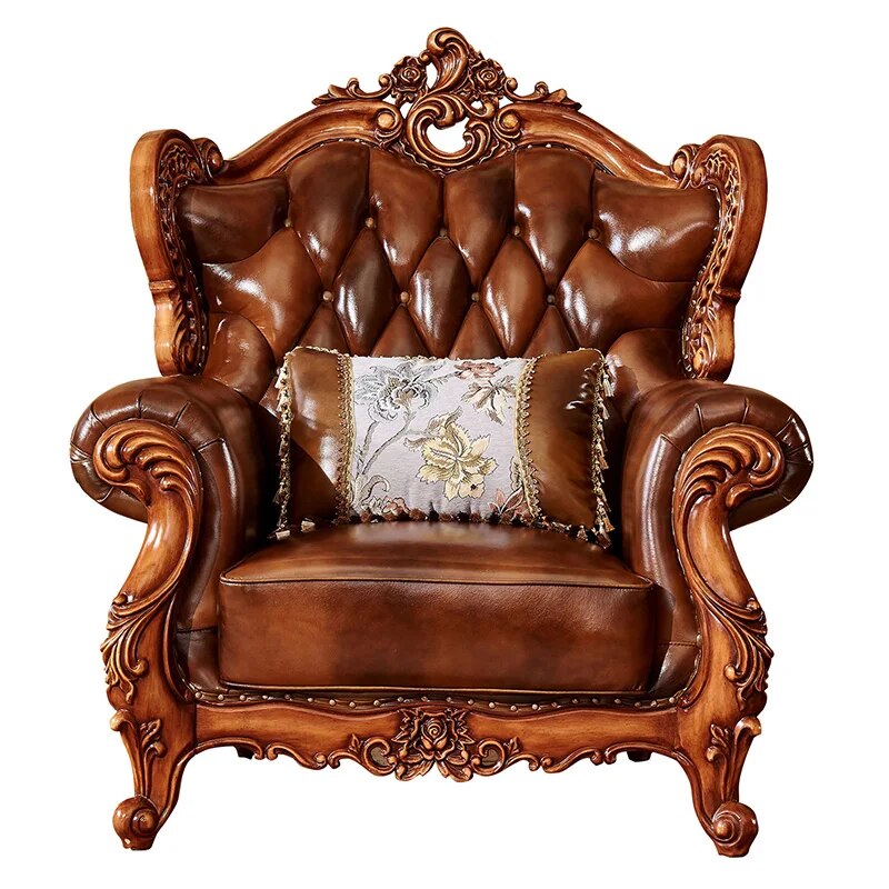 Antique Color Solid Wood Carving European-style Leather Sofa First Layer Cowhide, Villa Size and Living Room Combination