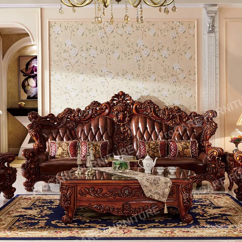 Domineering European handmade solid wood carved sofa luxury style genuine leather 1+2+4 sofa set