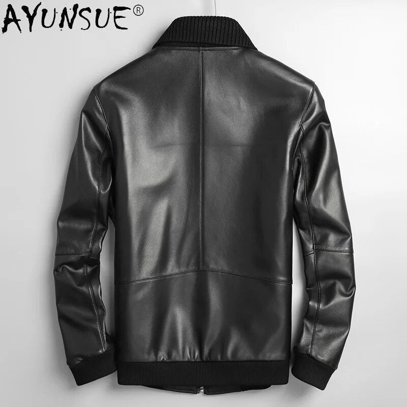 Genuine Sheepskin Leather Jacket Men Clothing Baseball Style Detachable Fur Collar Fashion Clothes Ropa Hombre LXR931