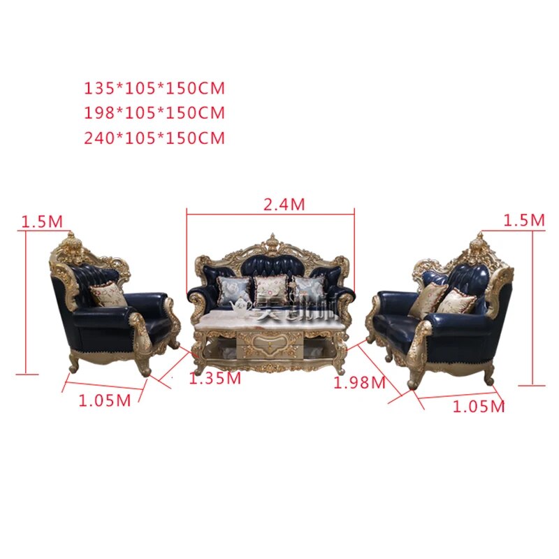 European-style Leather Sofa 123 Combination Luxury Champagne Furniture American All-carved Solid Wood Couches for Living Room