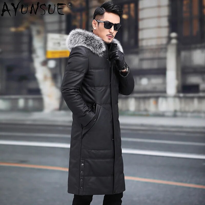 Erkekler Parkas Winter Real Sheepskin Leather Jackets for Men Clothing Men's Down Jacket 100% Fox Fur Collar Ropa LXR822