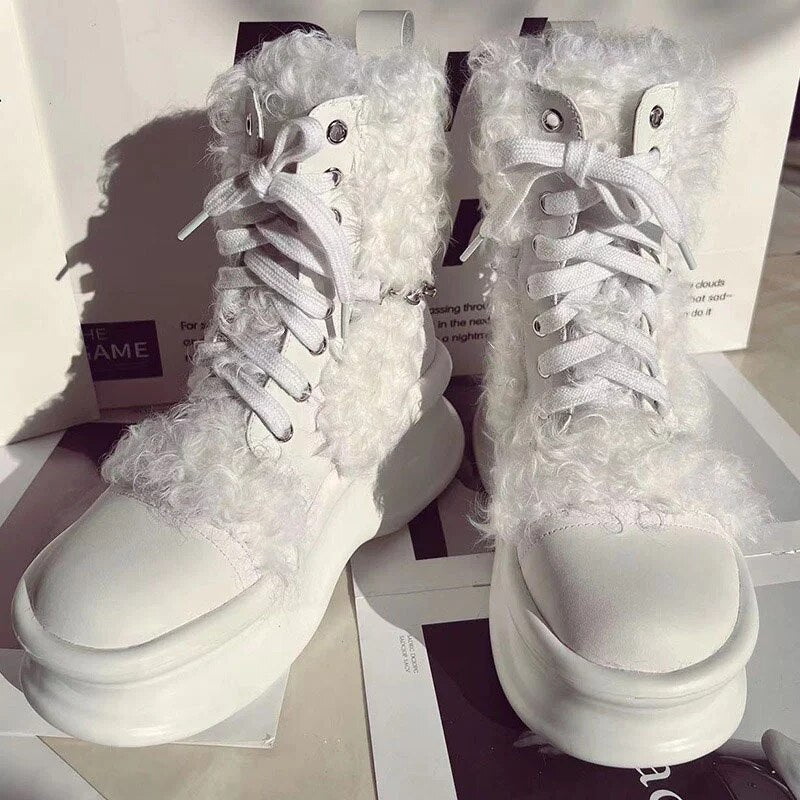 European Station Women's Fashion Platform Ankle Boots Luxury Wool Trend Snowshoes Fine Chain Casual Solid Color Fur Sneakers