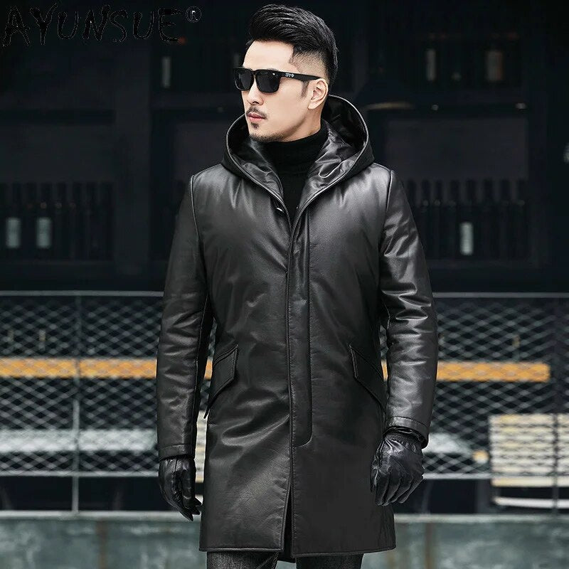 Men's Down Jacket Winter Coat Men Clothing Real Cow Leather Jackets Thick Clothes Hooded Windbreaker Ropa Hombre LXR543