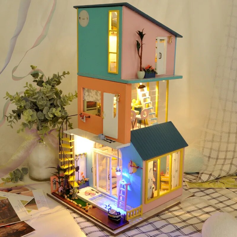 Diy Dollhouse Kit Miniature Items Bedroom Living Room Kitchen 3in1 Villa Tiny Houses Kids Toys Adult Wooden Doll House Furniture