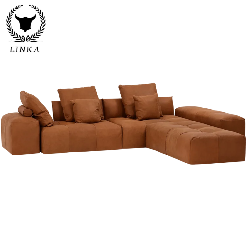 Italian Modern Minimalist Style Leather Thick Cushion Unit Living Room Sofa Combination Amber
